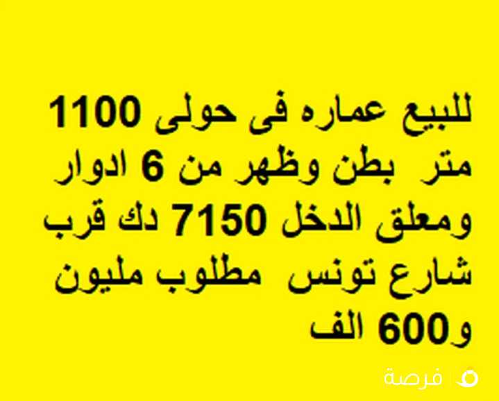 للبيع عماره فى حولى 1100 متر بطن وظهر من 6 ادوار ومعلق الدخل 7150 دك قرب شارع تونس