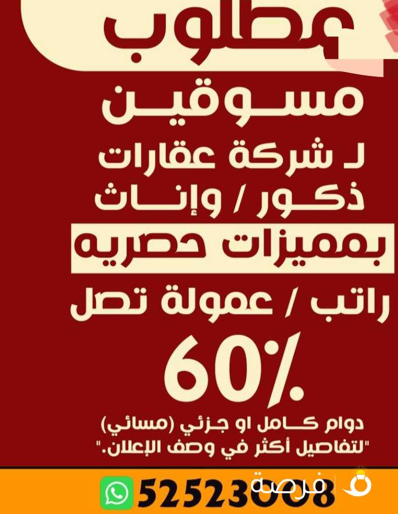 مطلوب مسوقين عقارات اذكور وإناث