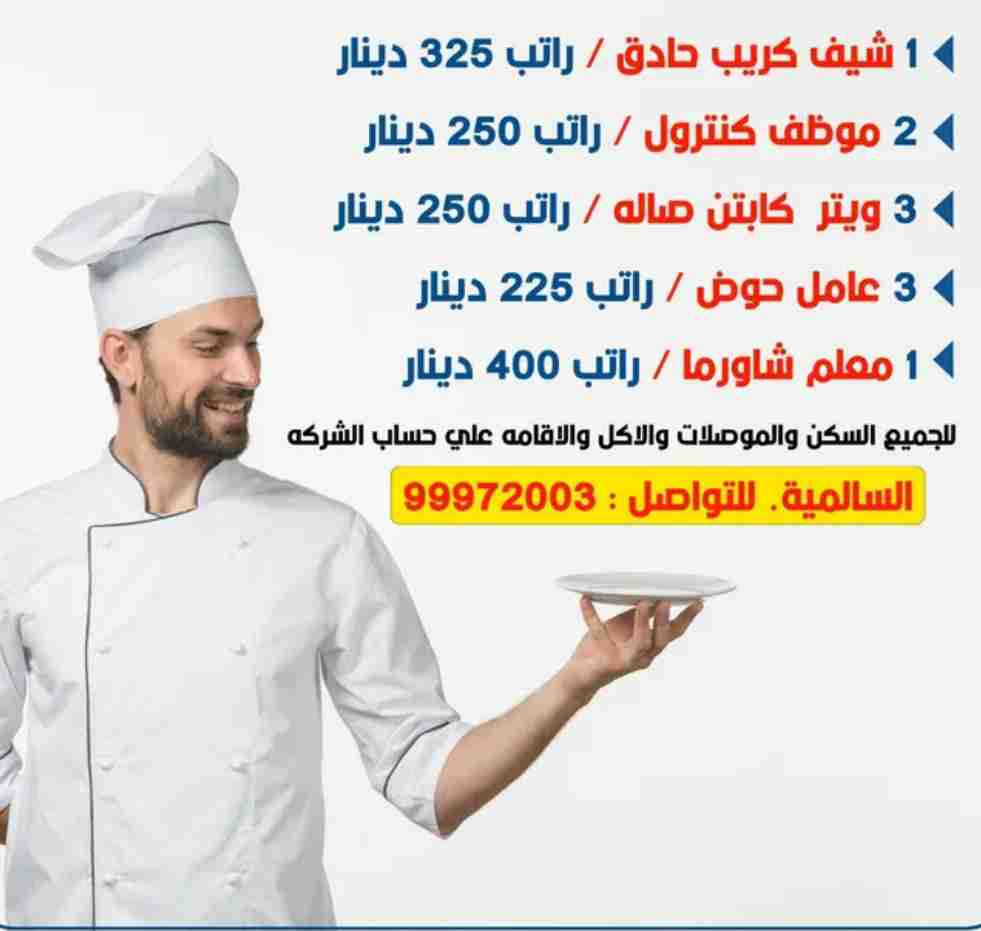 مطلوب شيف كريب راتب 325 وشيف شورما راتب 400 وكباتن صاله 250 وعمال تنظيف 225