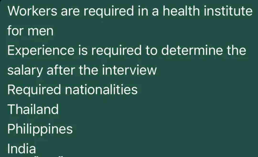 Workers are required in a health institute for men